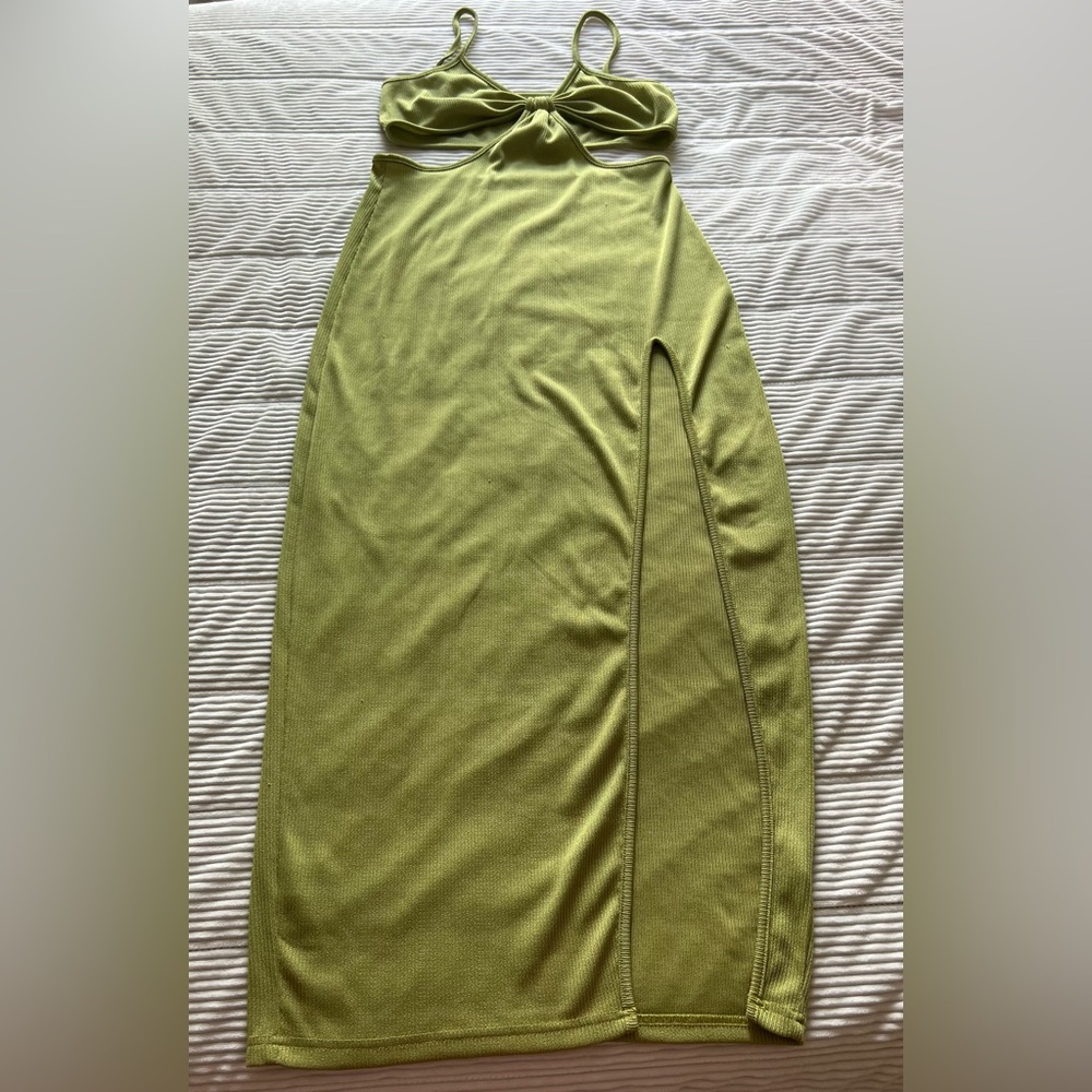 SHEIN Olive Green Ribbed Maxi Dress with Cutout & Side Slit